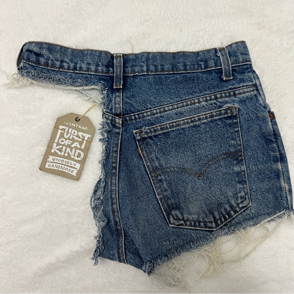 Furst of a Kind Upcycled Orange Tab Vintage Levi’s One Leg Denim Cutoffs Size S - Picture 10 of 12